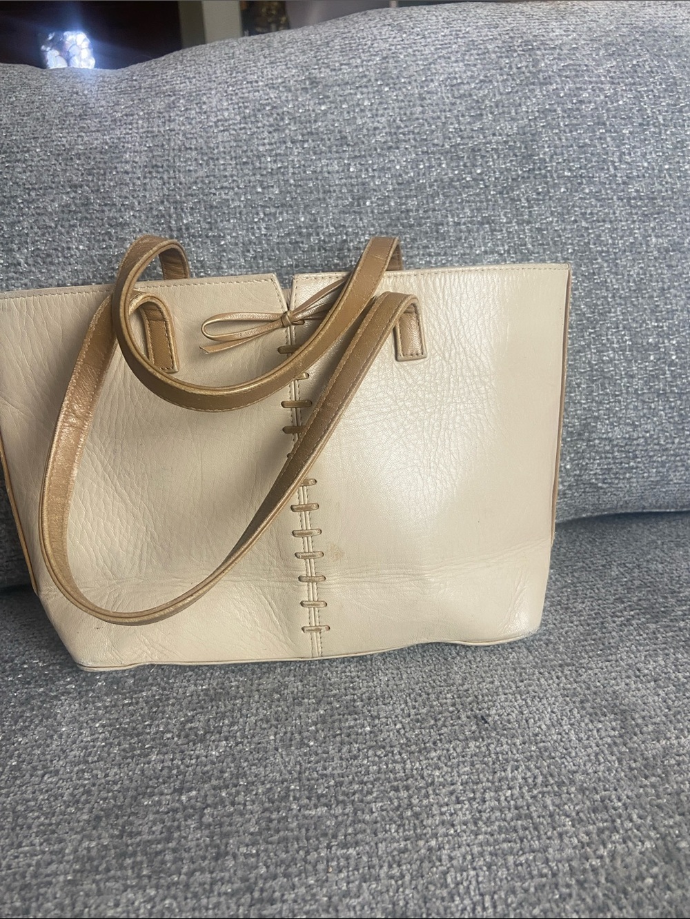 Stuart Weitzman Cream Leather Tote with Tan Trim